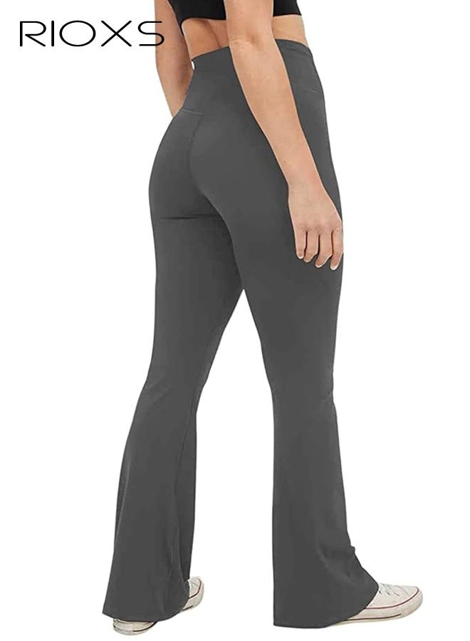 RIOXS Women's Flare Leggings, Ladies V Crossover Yoga Pants, Tummy Control High-Waisted Wide Leg Trousers, Gym Bootcut Yoga Pants, Bell Bottoms For Women, Deep Gray - Image 3